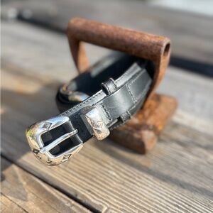 Vintage Black Leather Belt with Silver Buckle